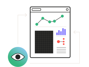 Illustration of a web-based analytics dashboard with charts, graphs, and a data grid, accompanied by an eye icon representing data visualization or monitoring.