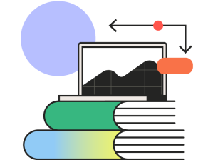 Illustration of a laptop displaying a line chart, placed on top of a stack of colorful books, with abstract arrows and a red dot above