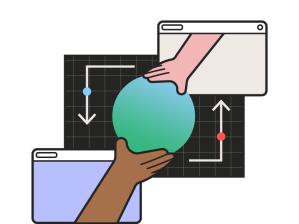 Illustration of two hands from separate web browser windows collaboratively holding a green globe, with arrows and grid patterns in the background representing shared digital work.