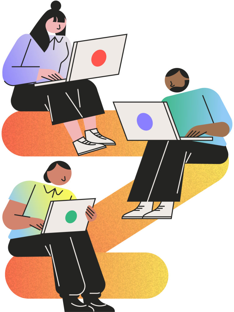 Illustration of three people sitting on a stylized orange and yellow staircase, each working on a laptop, representing collaboration or remote work.