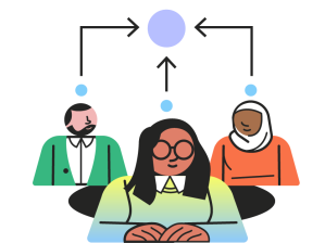 Illustration of three diverse team members seated in discussion, with arrows pointing from each person to a shared central node above them, representing collaboration