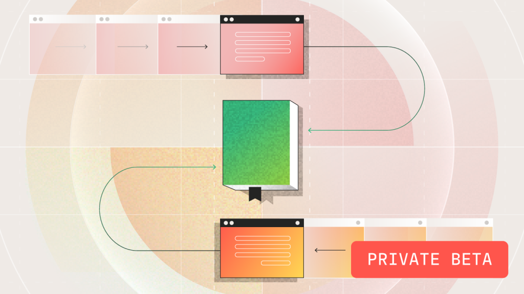 Illustration showing a green book at the center connected by arrows to browser windows representing content flow, with ‘Private Beta’ label