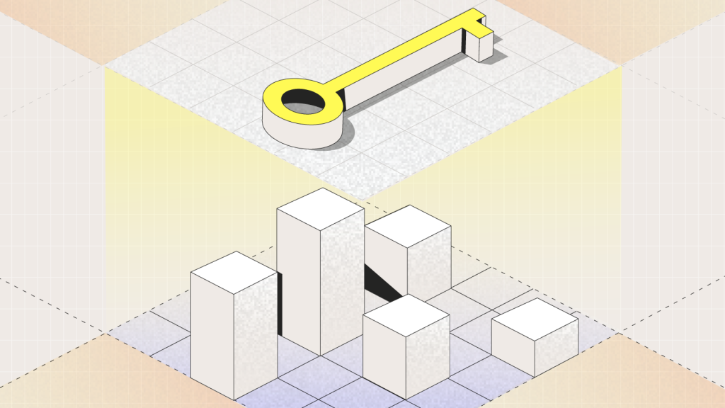 Isometric illustration of a key floating above a bar graph on a grid, symbolizing data access and ownership