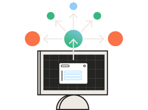 Illustration of a computer monitor displaying a document, with arrows pointing outward to colorful nodes, representing data sharing, communication, or networked information.