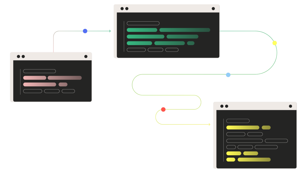 Illustration of three black code editor windows with colored syntax highlighting—pink, green, and yellow, connected by flowing lines and dots