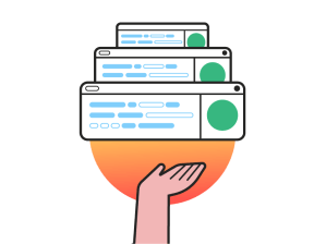 Illustration of a hand holding up a stack of web browser windows, symbolizing support, organization, or access to layered information.