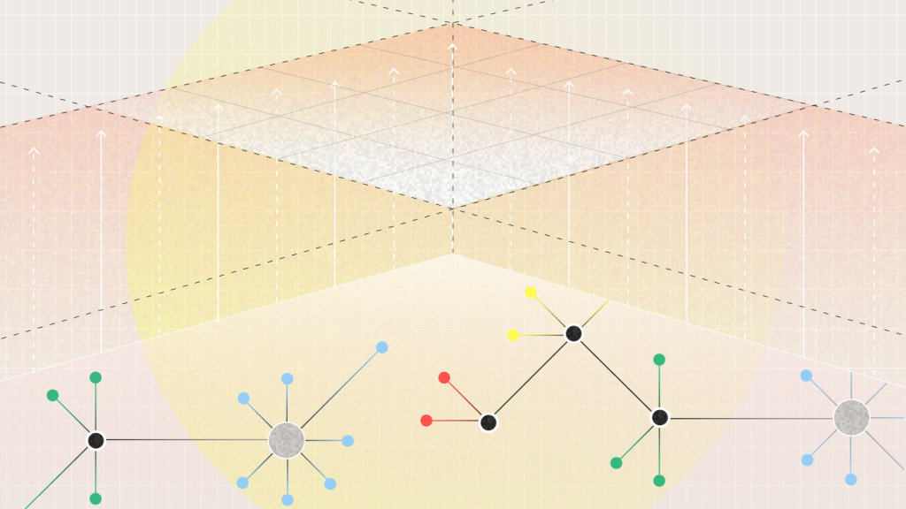 Illustration of interconnected nodes and networks below a raised transparent platform, with upward-pointing arrows indicating data or signal transmission from various clusters toward a shared central space
