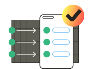 Illustration of a checklist on a mobile interface with arrows pointing from a data table, and a large checkmark icon