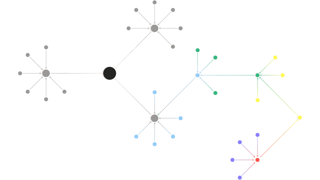 Network diagram with a central black node branching into colored clusters, each surrounded by smaller nodes and connected by directional arrows