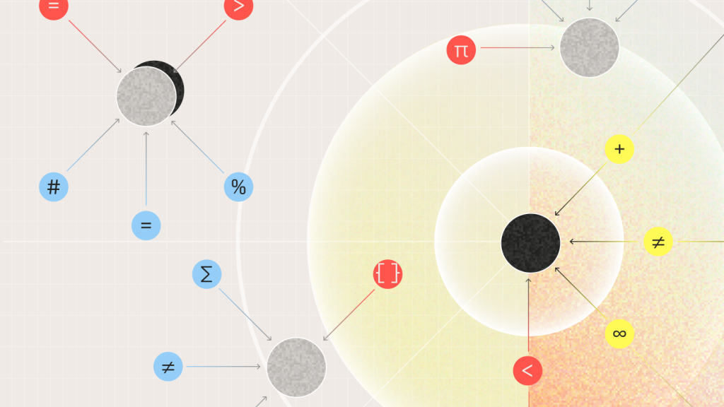 Abstract diagram featuring circles and mathematical symbols like equals, greater than, and pi, connected by directional arrows to central nodes