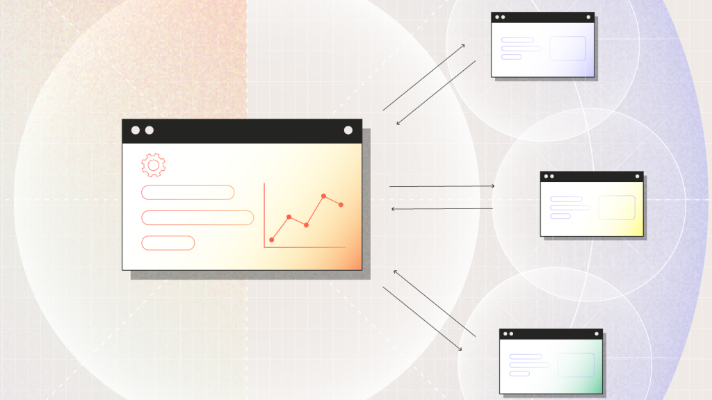 Illustration of a central analytics dashboard with a line graph and settings icon, connected by arrows to three smaller interface windows, representing system integration.