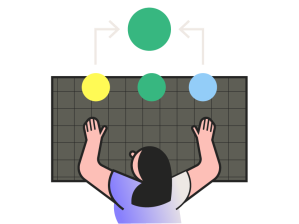 Illustration of a person interacting with three colored circles on a grid, with arrows pointing from the circles to a larger green circle above, representing model management
