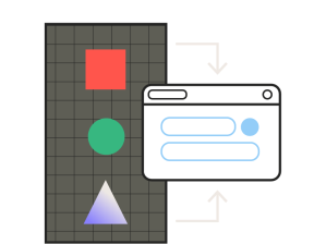 Illustration of a data mapping interface showing a red square, green circle, and blue triangle in a grid, connected by arrows to a web form