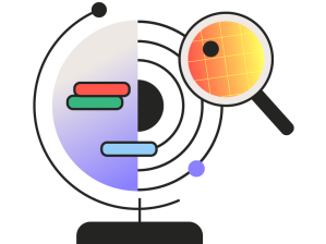 Illustration of a stylized globe with concentric circles, data bars on one side, and a magnifying glass highlighting a point