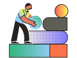 Illustration of a person placing a green grid-patterned circle onto a colorful stack of abstract shapes, symbolizing building in structured progression