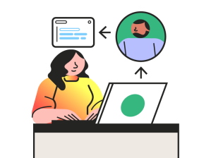 Illustration of a person typing on a laptop with icons above showing a user profile and a message window, representing digital communication or online collaboration.