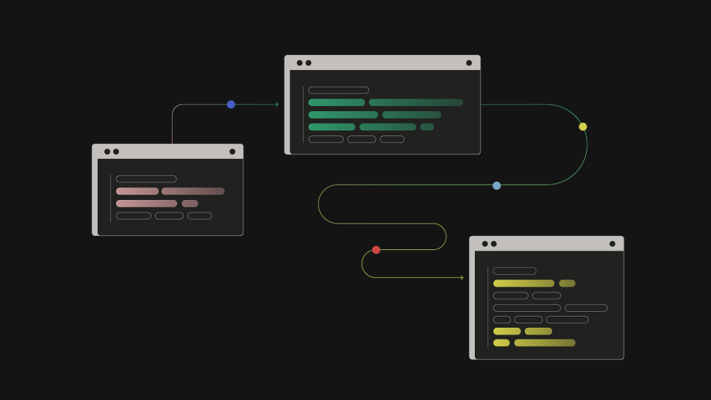 Illustration of three black code editor windows with colored syntax highlighting—pink, green, and yellow, connected by flowing lines and dots