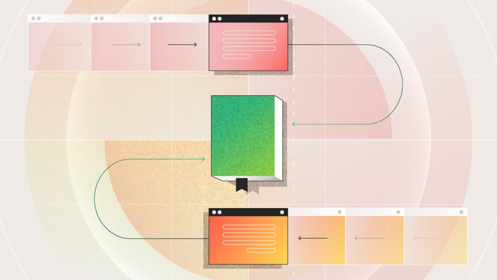 Illustration showing a green book at the center connected by arrows to browser windows representing content flow