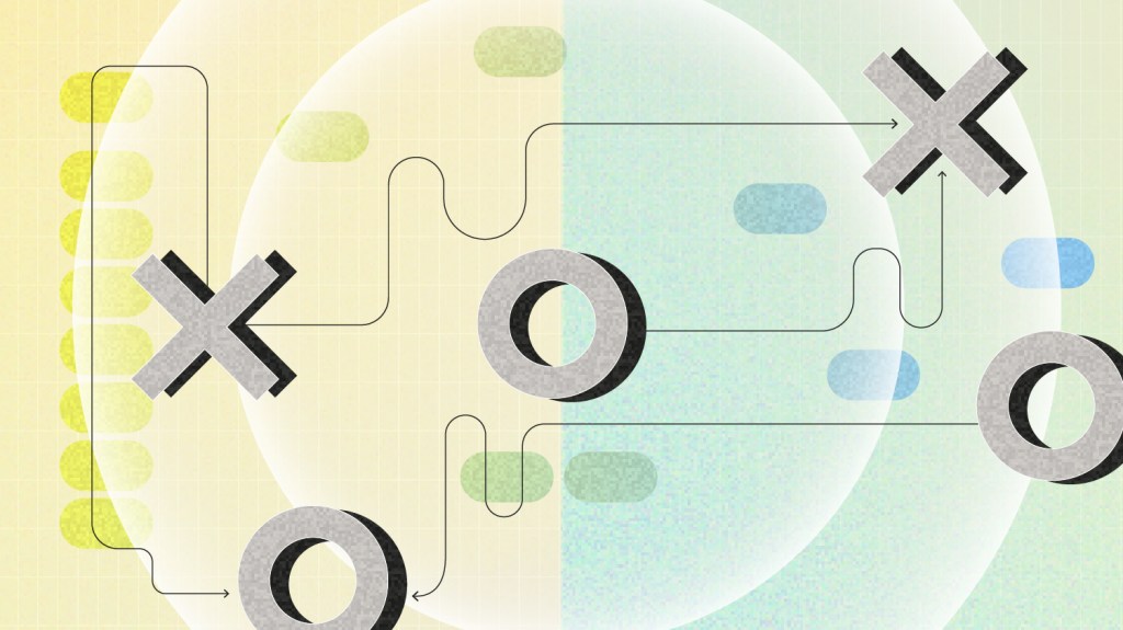 Abstract illustration with large X and O shapes connected by directional paths