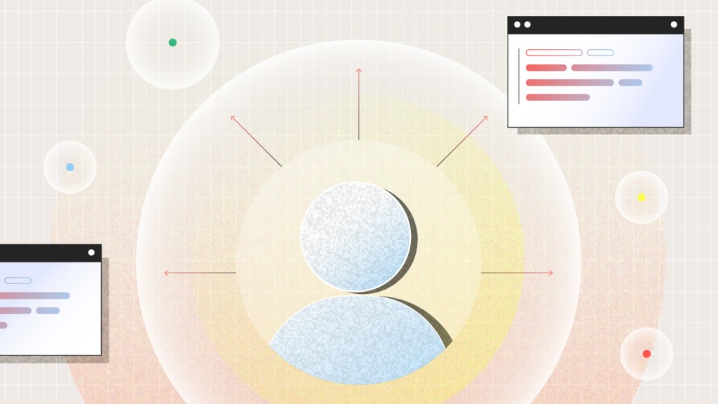 Abstract illustration of a central user icon with data flowing to and from interface windows, surrounded by colorful nodes