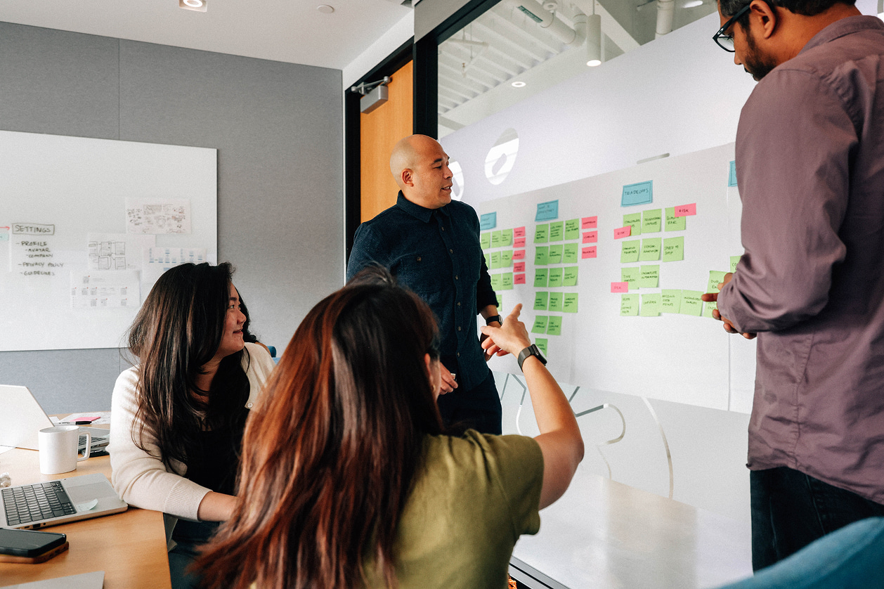 Four people in a meeting room collaborating around a whiteboard covered in sticky notes