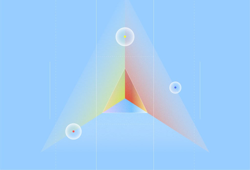 Abstract illustration of overlapping translucent triangles in warm gradient colors on a blue background with floating spheres