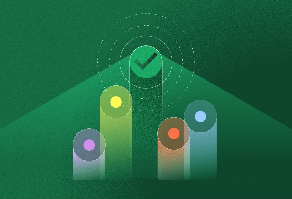 Abstract illustration of five colored cylindrical columns on a dark green background with a checkmark highlighted above the tallest column