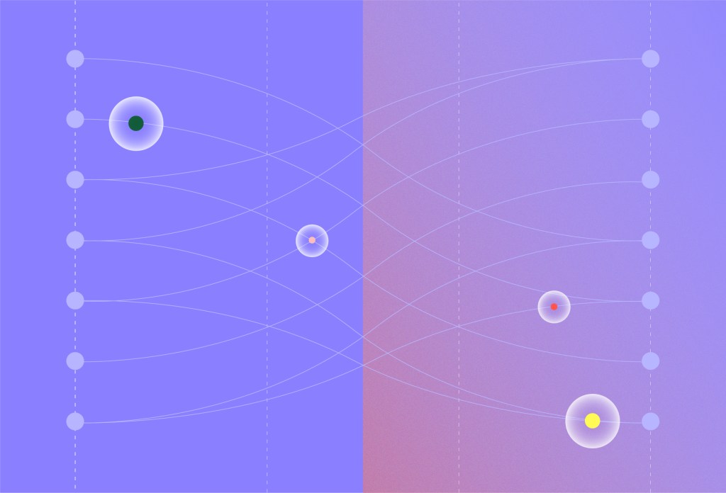 Abstract illustration of curved lines connecting nodes across purple and mauve color fields, suggesting a many-to-many mapping