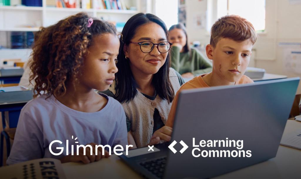 Teacher and two students looking at a laptop showing the Glimmer and Learning Commons logos