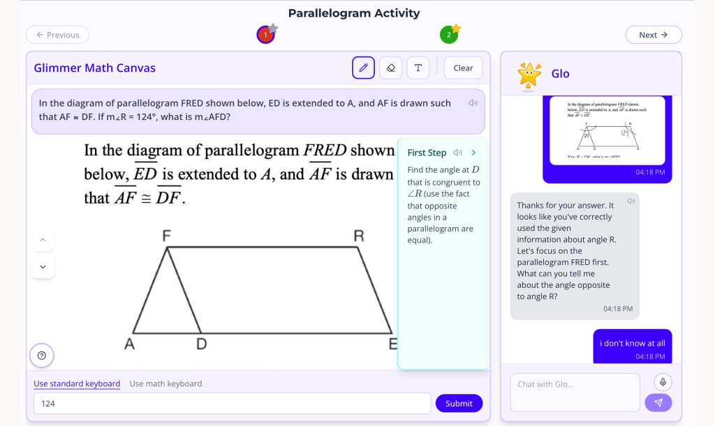 Glo AI math tutor interface guiding a student through a parallelogram geometry problem