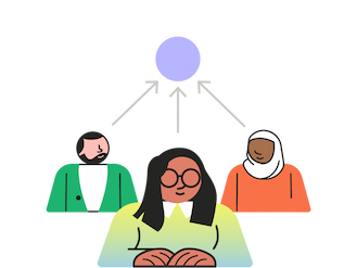 Illustration of three diverse educators contributing ideas to a shared concept
above them
