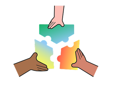 Illustration of three hands from different backgrounds each holding a puzzle piece together