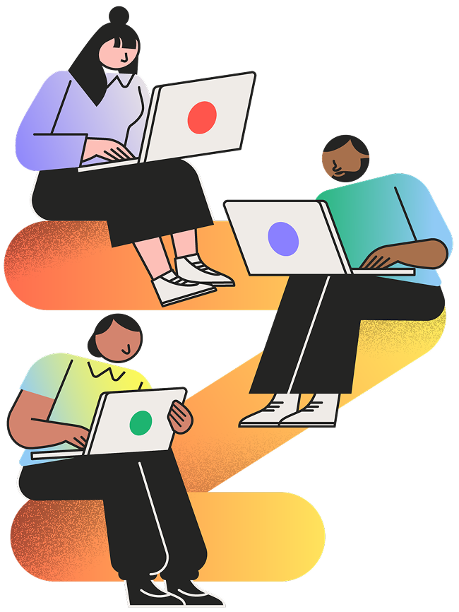 Illustration of three people sitting on a stylized orange and yellow staircase, each working on a laptop, representing collaboration or remote work.