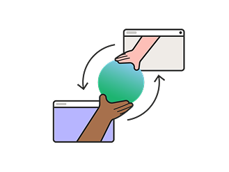 Illustration of two hands passing a green sphere between two browser windows with circular arrows