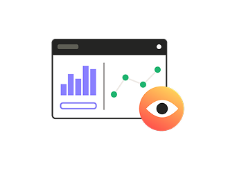 Illustration of a browser window displaying a bar chart and line graph with an eye icon badge