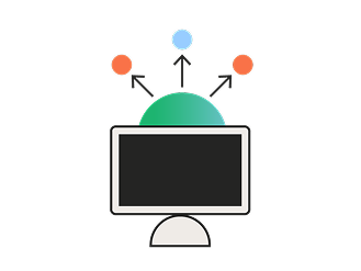 Illustration of a desktop monitor with three colored dots and arrows pointing outward