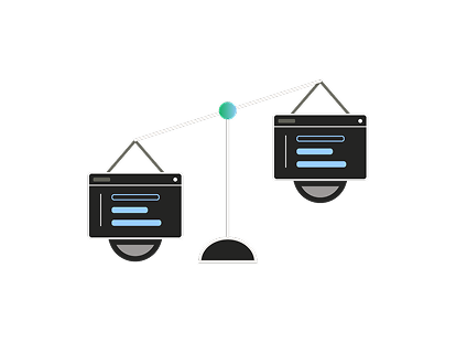 Illustration of a balance scale with two document panels