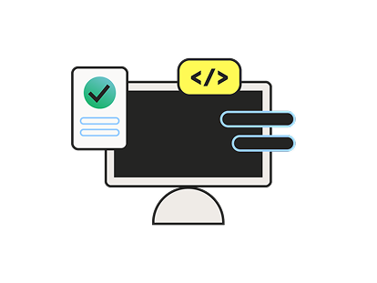 Illustration of a desktop monitor displaying a code tag, with a checkmark and document panel alongside