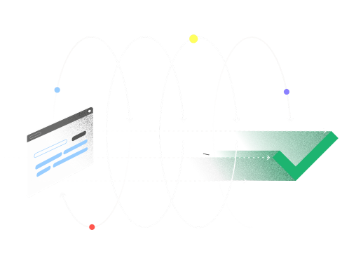 Illustration of a document interface and a checkmark, connected by a circular path with colored dots