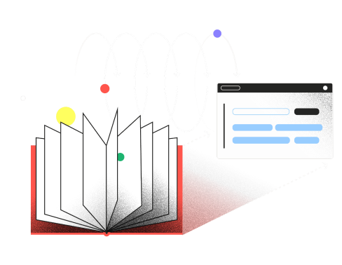 Illustration of an open book next to a document interface with colored dots scattered above
