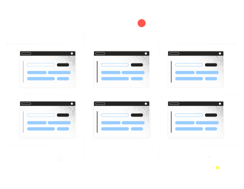Illustration of six document interface panels arranged in a two-by-three grid