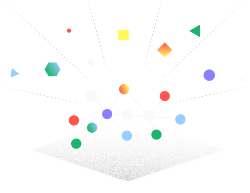Illustration of colorful geometric shapes and nodes rising from a flat surface in a knowledge graph arrangement