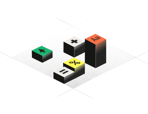 Illustration of isometric blocks with symbols for text, math, and data types arranged on a flat surface