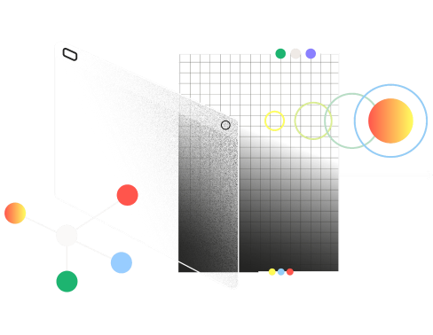 Illustration of a knowledge graph alongside layered gradient panels and colored circles