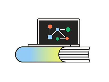 Illustration of a laptop displaying a knowledge graph overlaid on top of a book