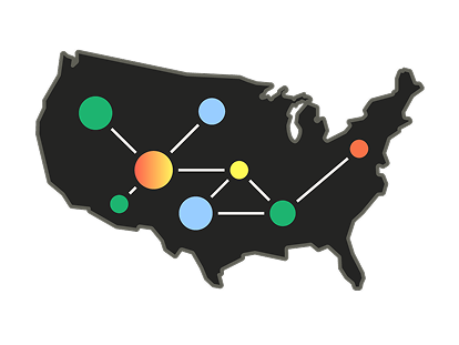 Illustration of a knowledge graph overlaid on a silhouette of the United States