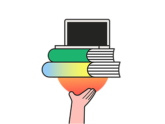 Illustration of a hand holding a stack of colorful books topped with a laptop