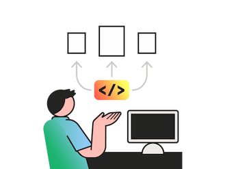Illustration of a person at a computer with a code icon distributing content to multiple pages