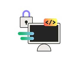 Illustration of a desktop monitor with a code tag badge and a padlock icon