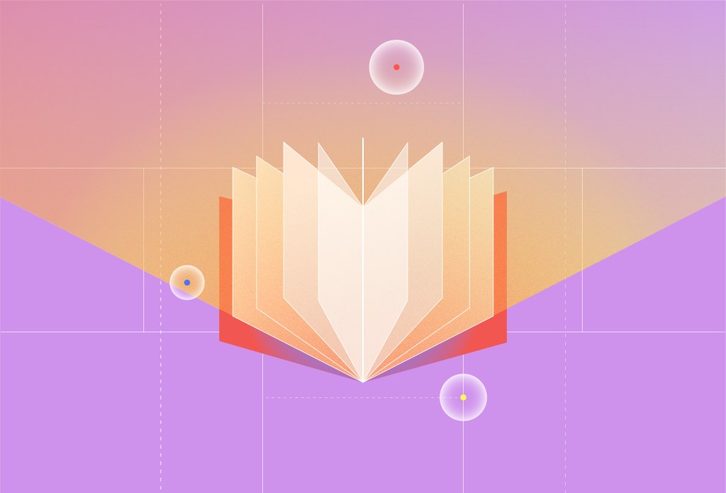 Abstract illustration of an open book with layered translucent pages on a warm gradient background with floating spheres